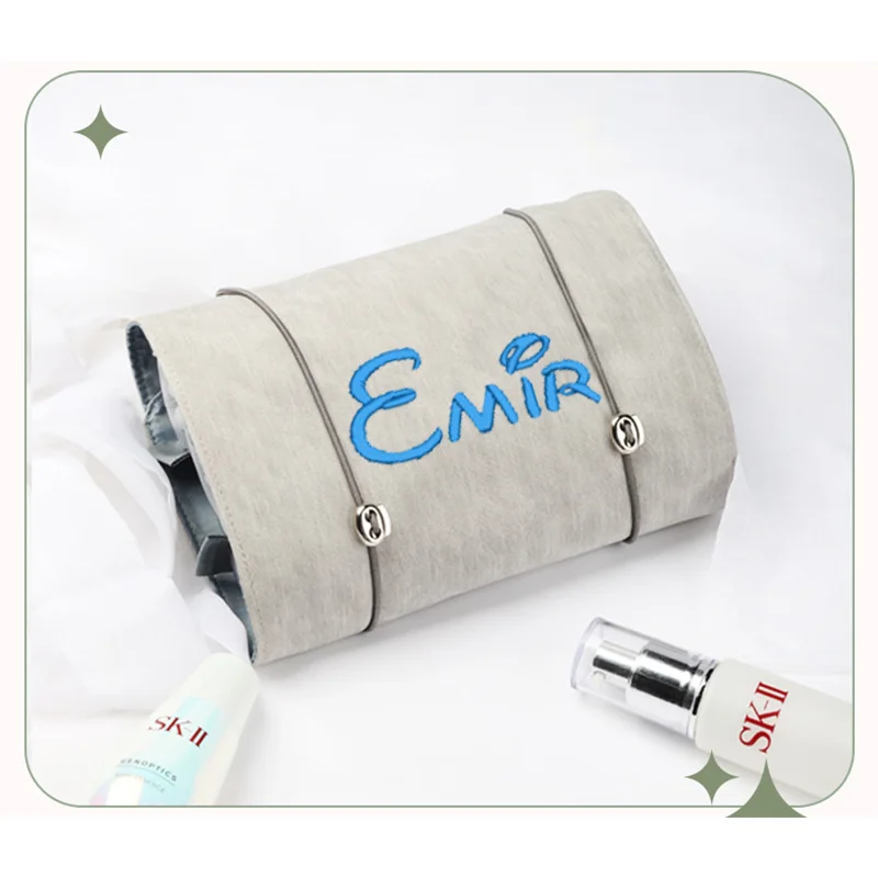 Embroidered Detachable Portable Makeup Bag, 4-in-1 PU Waterproof Folding Cosmetic Storage Bag，Name Customized toiletries bag