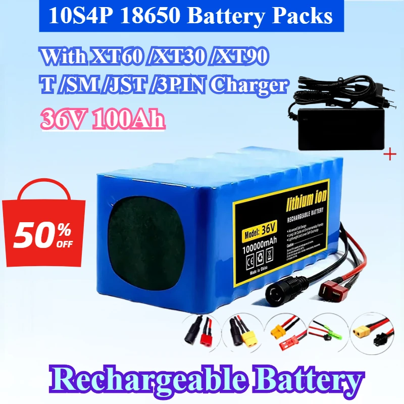 

36V 100Ah 10S4P 18650 Battery PackS 1000W Super Power Battery with XT60 XT30 XT90 T SM JST 3Pin Charger Electric Scooter Battery