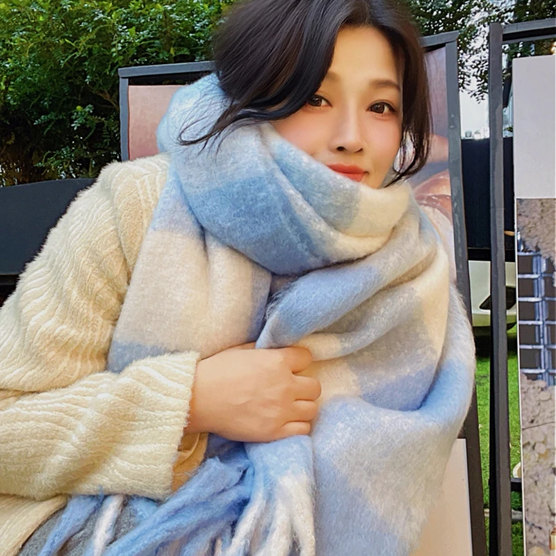 두꺼운 무지개 스카프 여성용 따뜻한 가을 겨울 분위기 그리드 숄 목도리 커플 청소년 한국 스타일