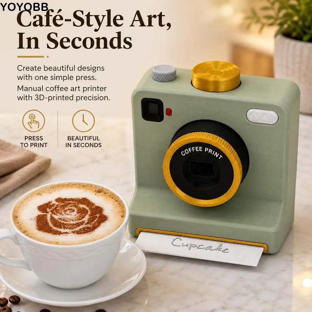 Funny 3D Printed Latte Camera Replaceable Cards One Touch Press Coffee Powder Print Camera Food Safe Vintage Look
