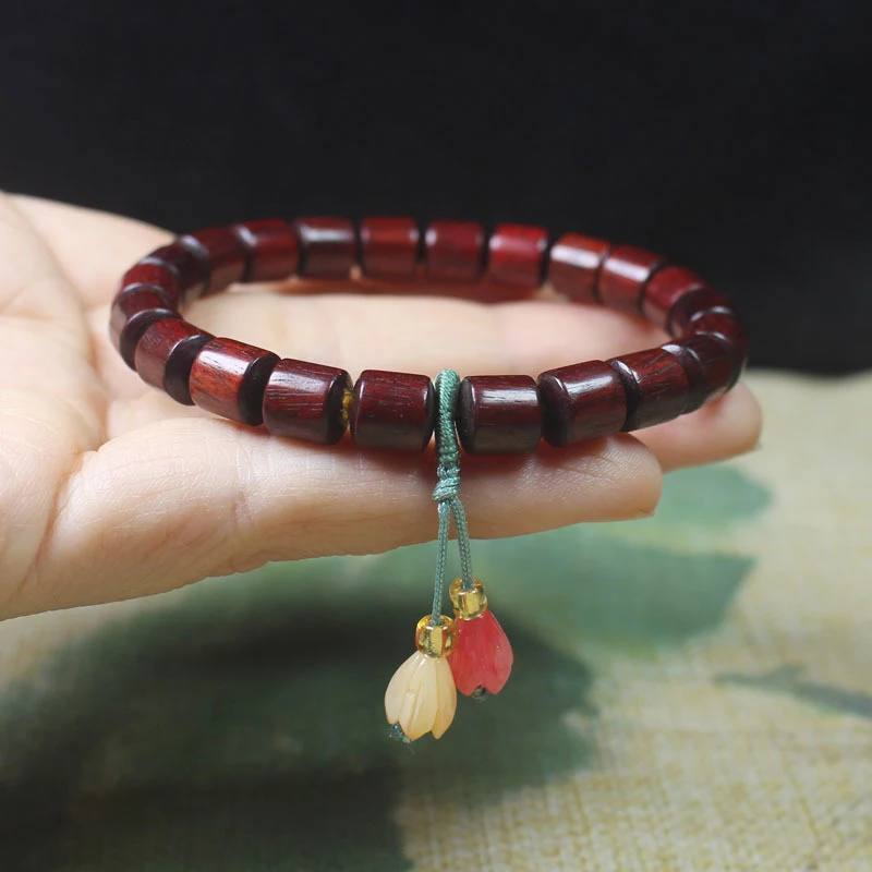 

Blood Sandalwood 8mm Bead Bracelet with Colorful Flower Pendant, Forest Style Cultural Ornament Prayer Beads