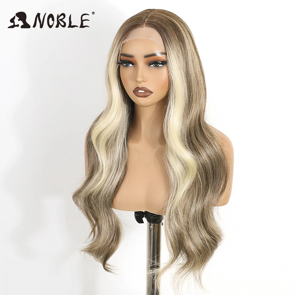 Edle synthetische Lace-Front-Perücken für Frauen, 66 cm lang, gewellt, Ombre-Blond-Perücke, Highlight, vorgezupft, vorgeschnitten, Cosplay-Spitzenperücken