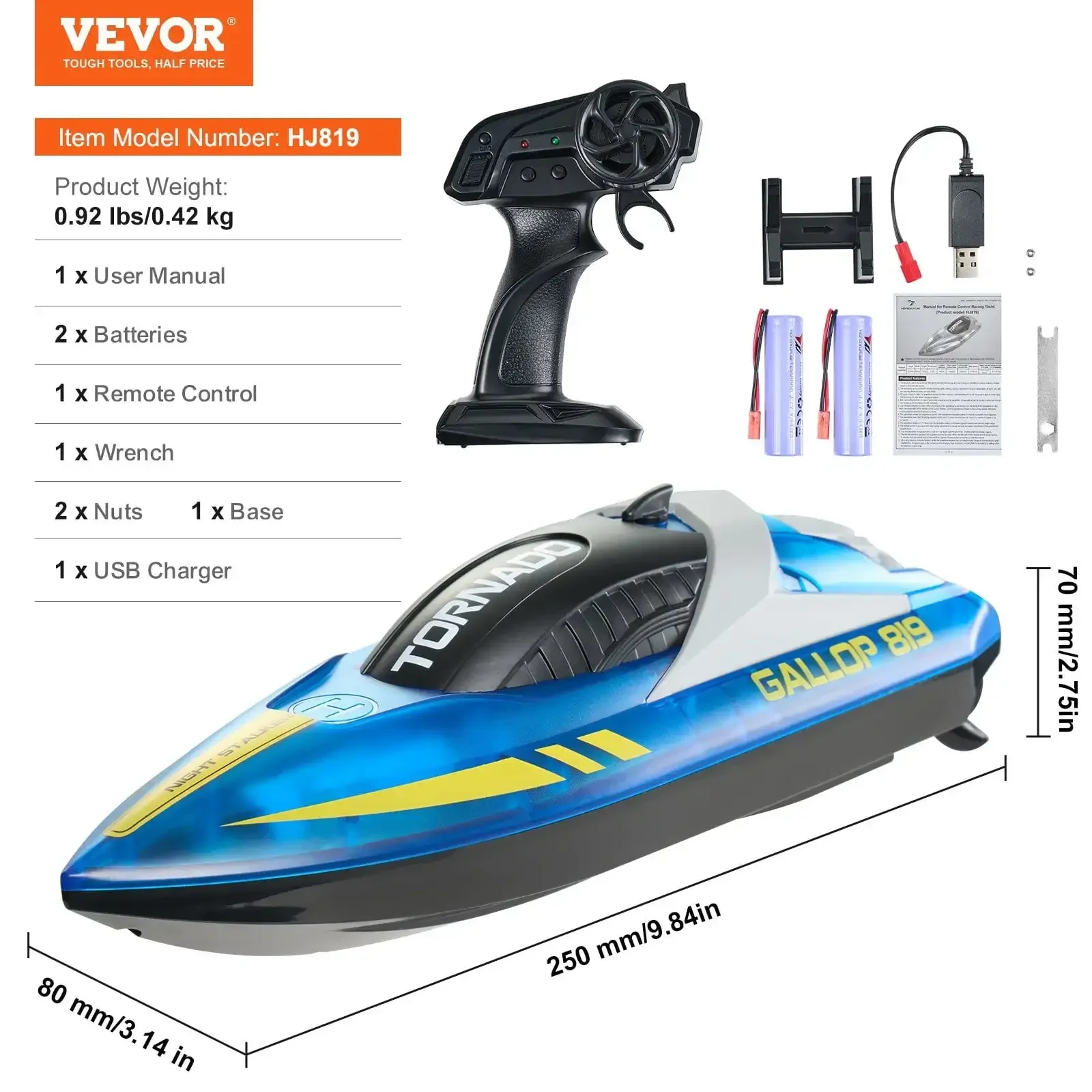 RC Boat 2.4 GHz Remote Control Racing Boat 12 km/h Kids Adults Gift Blue