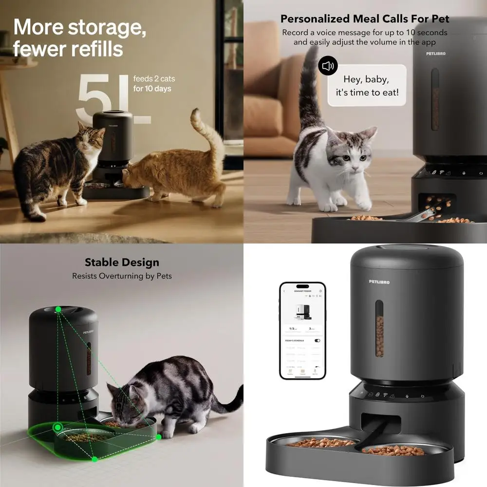 

5L Smart Cat Feeder, Dual-Band WiFi, Airtight & Programmable Dispenser for 2 Cats with Stainless Steel Bowls and Low Food Alert