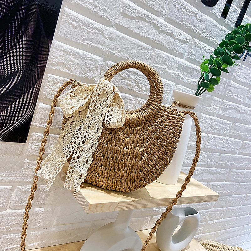 Sac à main demi-rond en rotin pour femmes, fait à la main, en paille tissée, sacoche à bandoulière d'été, petit sac de plage pour filles