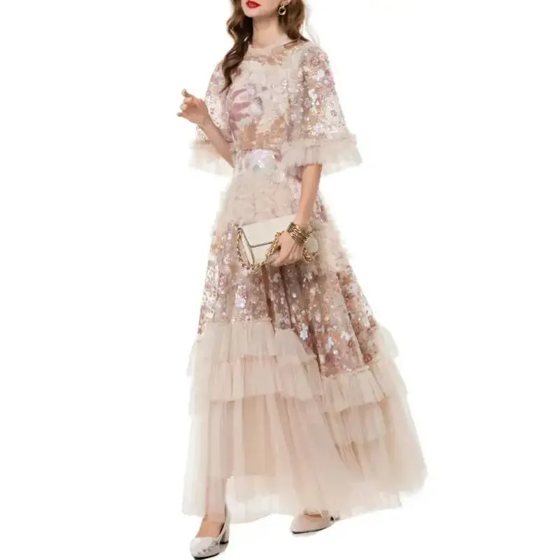 2025 Spring/Summer European Style New Round Neck Retro Embroidered Sequins Flower Ear Edge Mesh Dress Long Skirt Dress