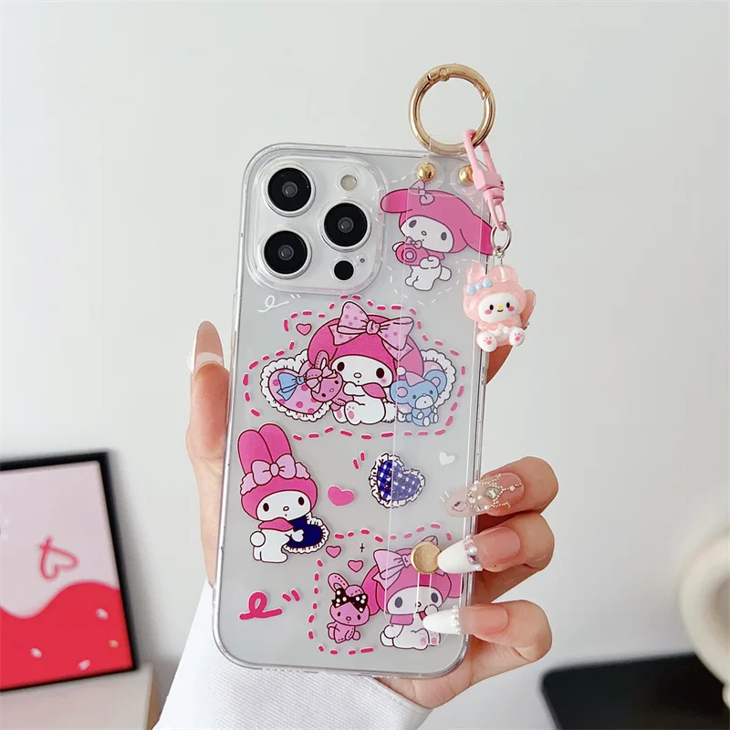 Cute Cartoon Kuromi Melody Phone Case With Clear Strap Lanyard For iPhone 16 15 14 13 12mini 11 Pro Max XS XR X 6 7 8 Plus Cover