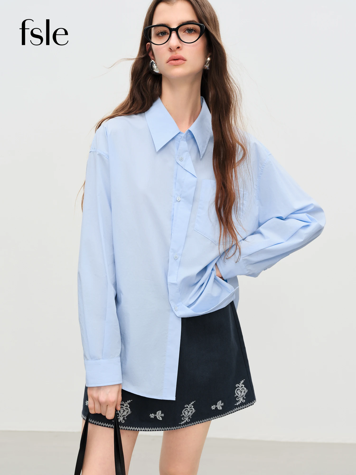 

FSLE 【Premium Series】Women's Design-Sensitive Turned-Up 100% Cotton Long Sleeve Shirt 2025 Autumn New Arrival 25FE13035