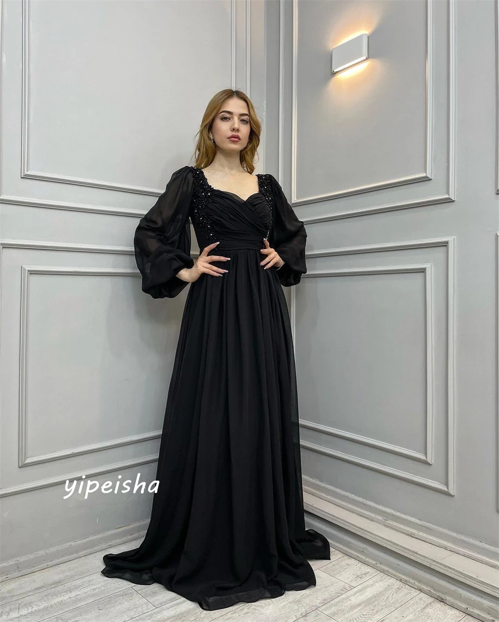 Customized  Fashion Customized V-neck A-line Formal Ocassion Gown Draped Floor length Skirts Chiffon Evening Dresses