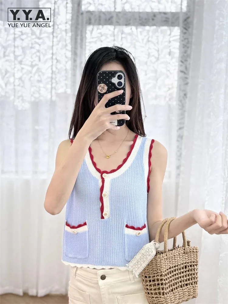 One Size Women Daily Summer New Contrast Ruffles Short Knit Vest Pocket Sleeveless Stylish Thin Single Breasted Casual Tank Top