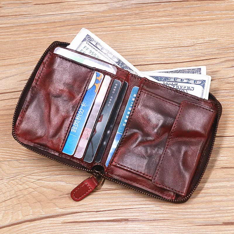 

Genuine Leather Wallet For Men Male Women Cowhide Vintage Handmade Short Zipper Around Men's Purse Card Holder With Coin Pocket