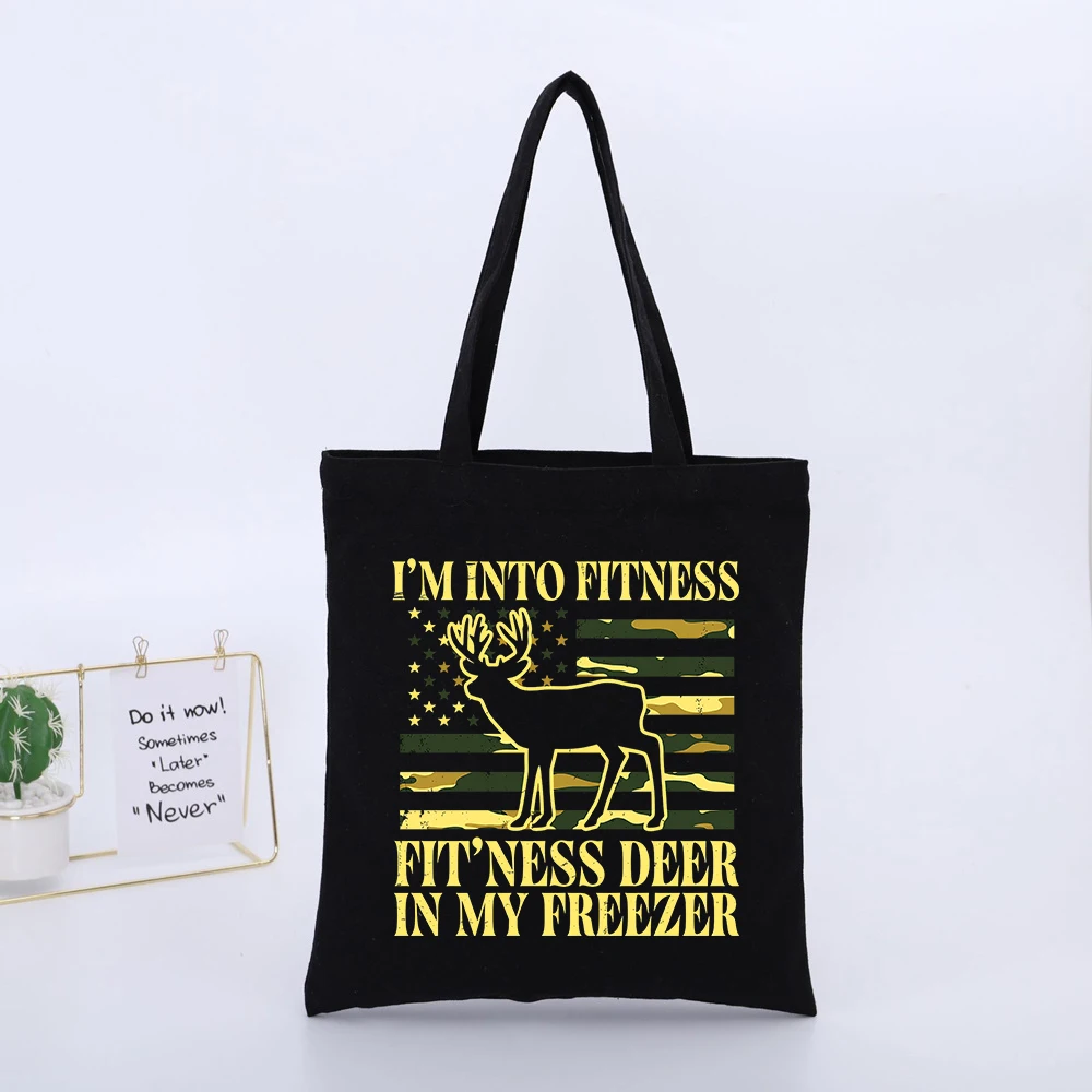 Deer Graphic Canvas Tote Bag with Camouflage American Flag Print, Casual Style for Daily Shopping