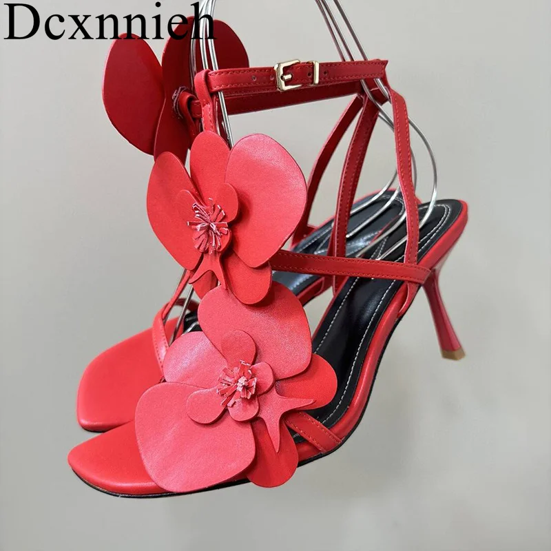 

Thin High Heel Sandals Women Genuine Leather Flower Decor Ankle Strap Sandalias Ladies Runway Summer Sexy Party Dress Shoes