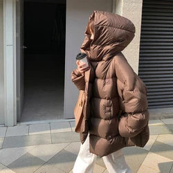 Women's Korean Feather Coats, Hooded Jacket Mid-length Windproof Puffer Coats Casual Simple Fashion Down Jackets Warm Outerwears