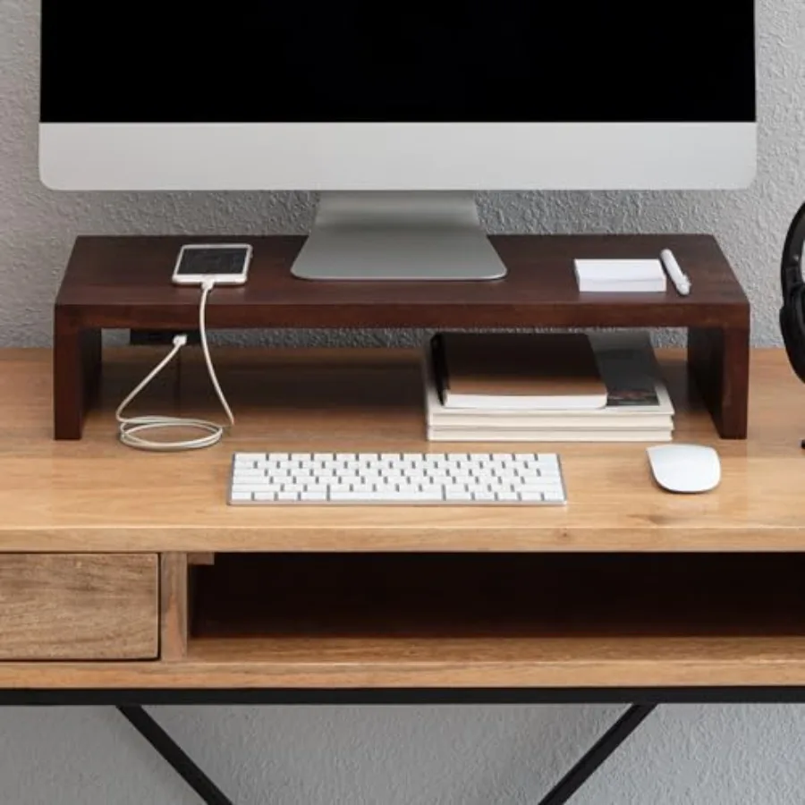 Wooden Monitor Stand - Elegant Monitor Riser for Desk Organization Durable Wood Construction Enhances Ergonomics and Workspace