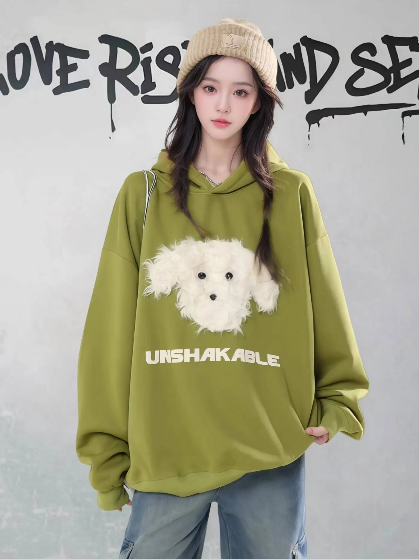 Autumn Women's Loose Casual Hoodie Puppy Pattern Oversize Long Sleeve BF Style Versatile Sweatshirt Jacket