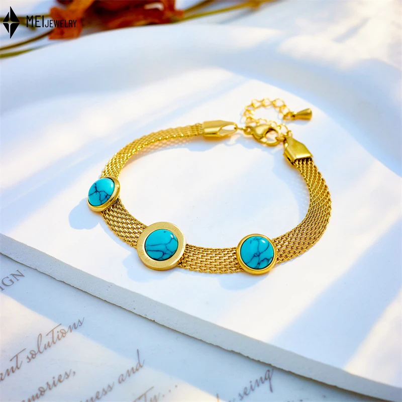 Fashion Retro Personality Versatile Temperament Mesh Wide Face Stainless Steel Round Brand Turquoise Jewelry Bracelet