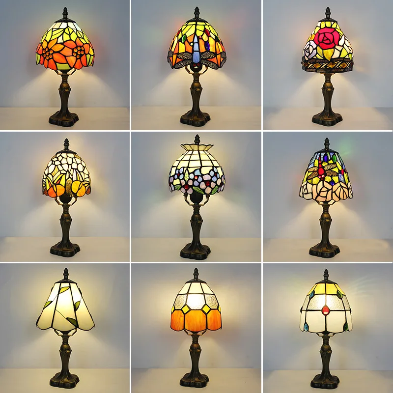 

LED Tiffany Style Table Lamp Retro Mediterranean Decorative Lights E27 Color Glass LampshadeFor Nightstand Light Bedroom Cafe