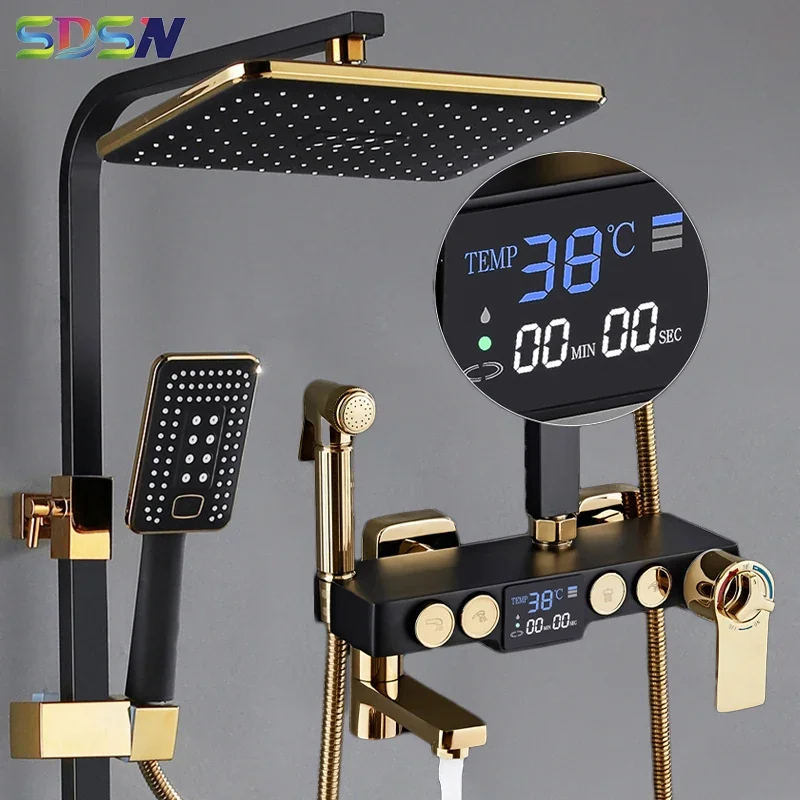 LED Digital Bathroom Shower Set Newly Hotel Thermostatic Bath Shower System Faucets Hot Cold Black Gold Shower Mixer Set