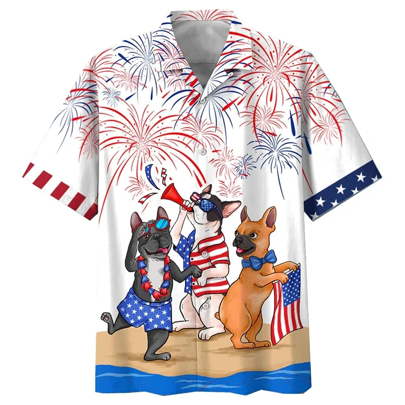 Moda bandiera USA camicie stampate in 3D per uomo abbigliamento divertente animale cane grafico manica corta camicie da spiaggia hawaiane vacanza Y2k Top