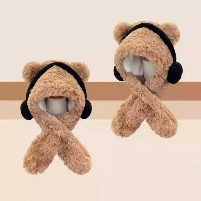 دافئ فروي سماعة الدب وشاح المتكاملة قبعة المرأة الخريف الشتاء المألوف واقية الأذن قبعة الباردة والدليل على الكرة كاب #4