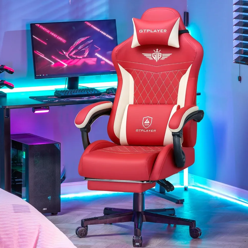 Gaming Chair with Footrest Lumbar Support Ergonomic Reclining Computer Chair Adults Red PU Leather