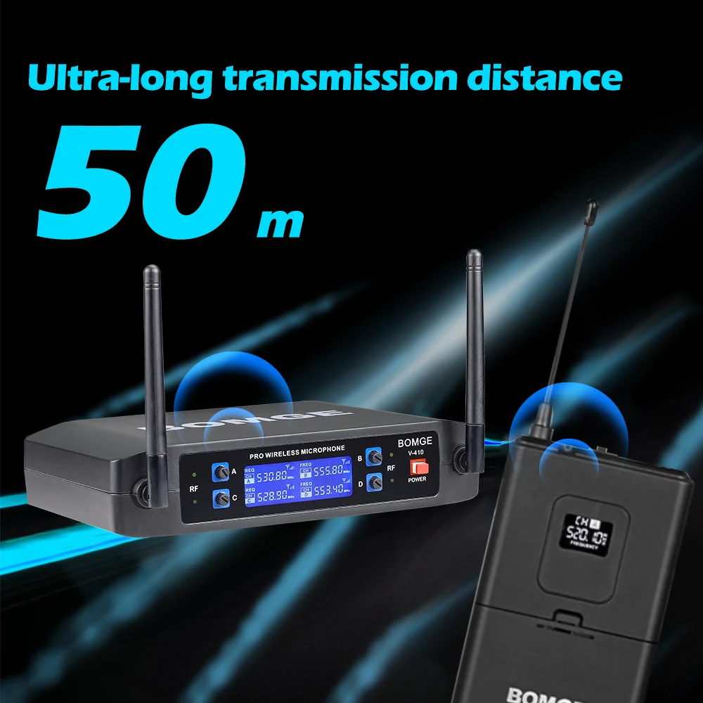 BOMGE 4 Channel Wireless Microphone System with 4 Headset Mic Karaoke Machine for Party Wedding Church Conference Speech