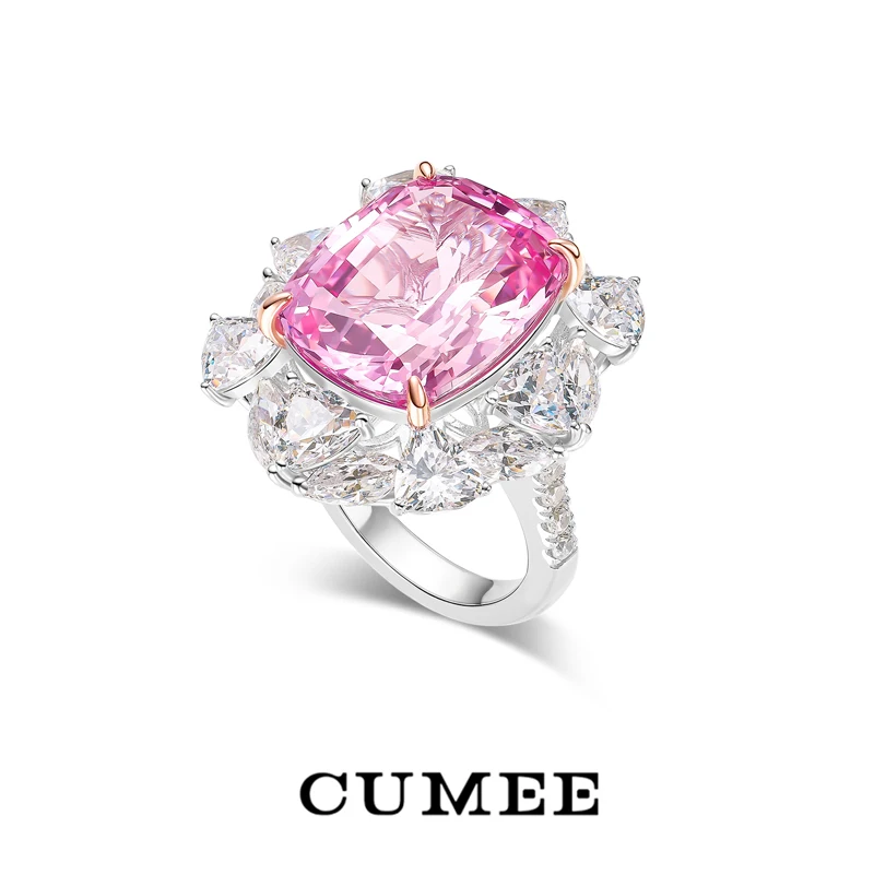 CUMEE Haute Couture Luxury Dinner Ring Large Carat Sakura Pink Synthetic Gemstone Ring s925