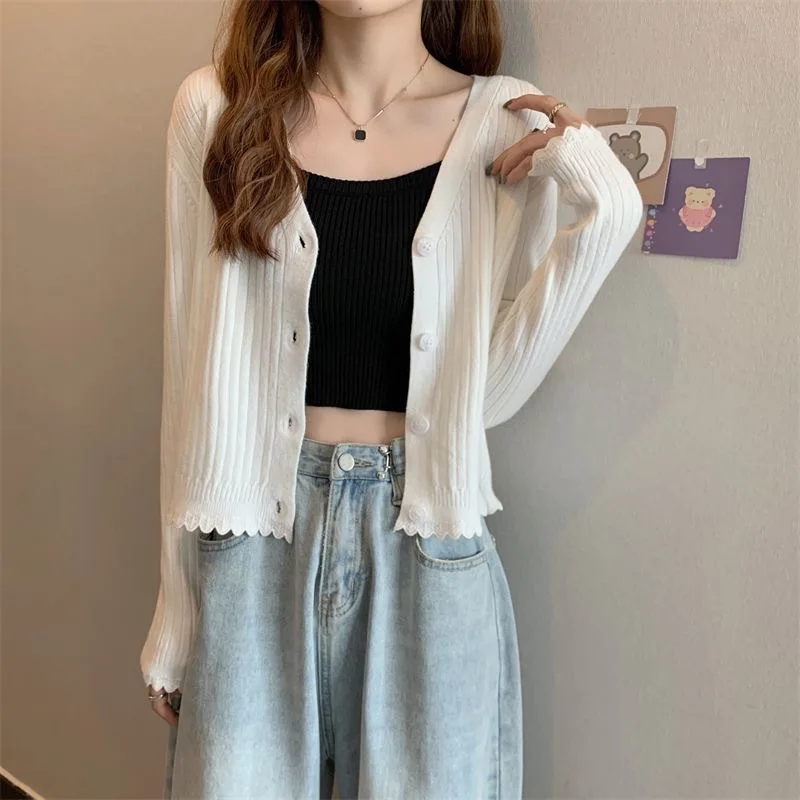 Autumn V-neck Pit Strip Knitted Cardigan Women's New Short Style Long-sleeved Slim Outer Wear Bottoming Shirt Tops for Women