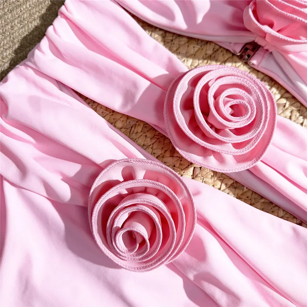 Maillot de bain une pièce rose sexy à fleurs 3D pour femme, monokini découpé, vêtements de plage, baigneuses, 2024