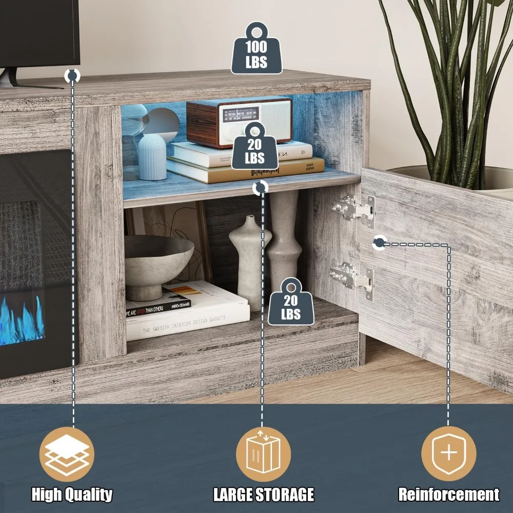 "Suporte de TV com lareira elétrica para TVs de 36 a 90 polegadas, centro de entretenimento com luz LED, lareira moderna de madeira brilhante de 80 polegadas"