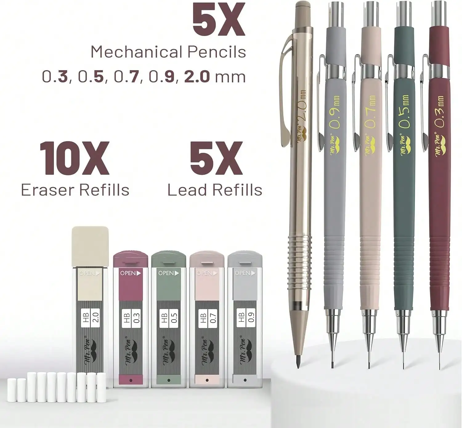 Art Mechanical Pencil Set, 5 Sizes (0.3, 0.5, 0.7, 0.9, 2.0mm) | 5 HB Lead Refills &Amp; 10 Eraser Refills, Precision Drawing Pencils For Sketching, Writing &Amp; Artwork