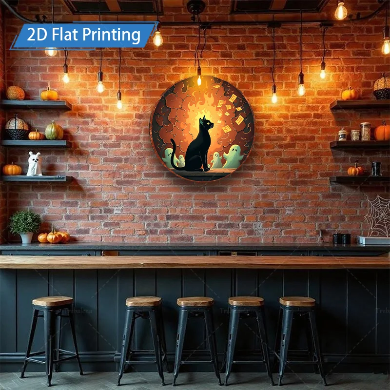 Targa in metallo da 1 pezzo, stampa artistica in ferro con gatto nero e fantasmi di Halloween da 4x16 pollici, decorazione festiva per bar, stampa piatta 2D