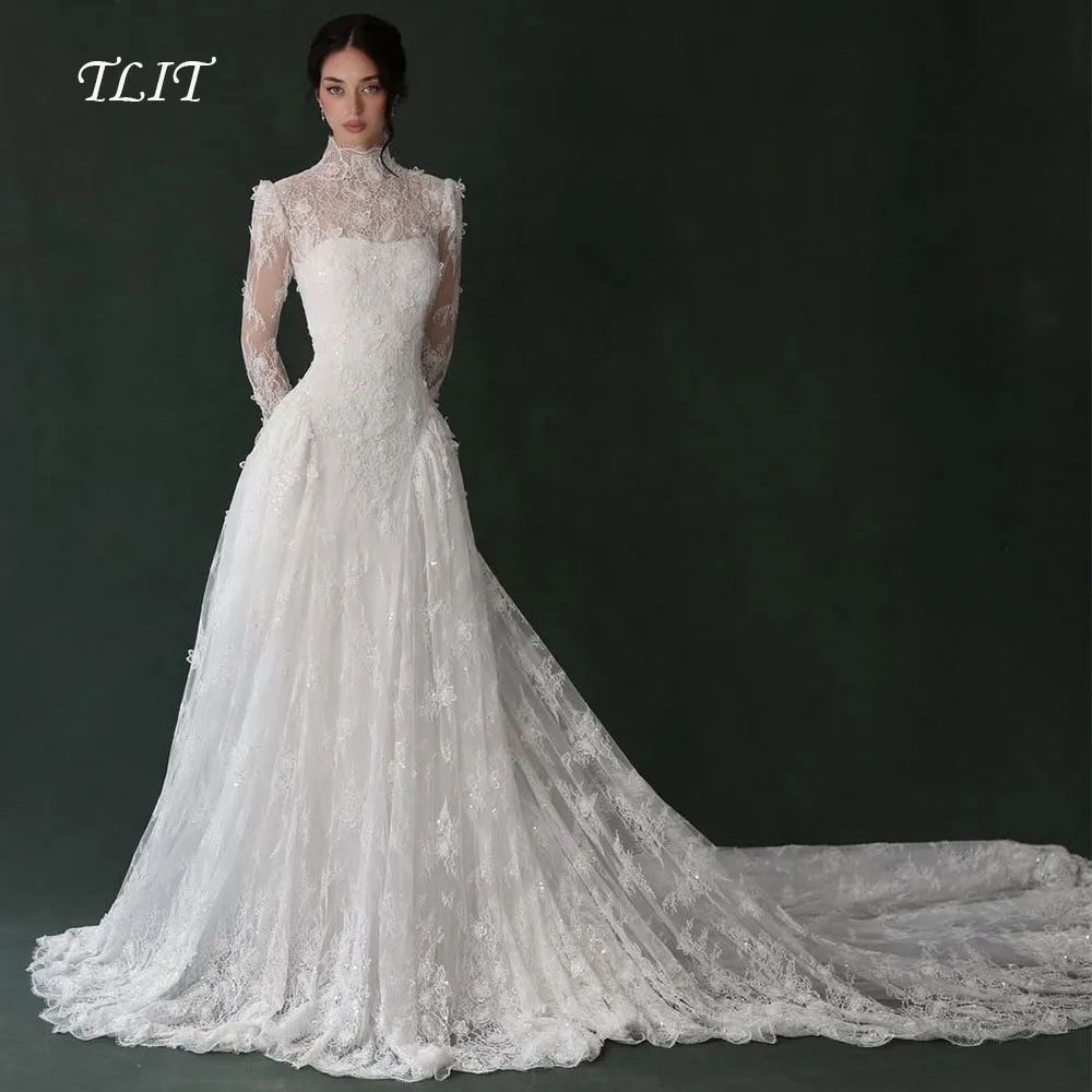 Винтажные свадебные платья TLIT из кружева цвета слоновой кости, А-силуэт, с круглым вырезом, длинными кружевными рукавами и шлейфом, на заказ