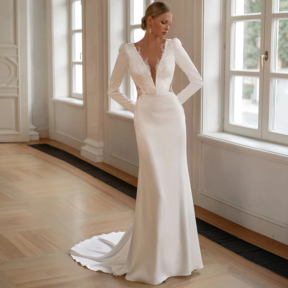 

Simple Jersey Long Sleeves Wedding Dress Customized Elegant Sheath Deep V-Neck Appliques Bridal Gown with Court Train for Bride