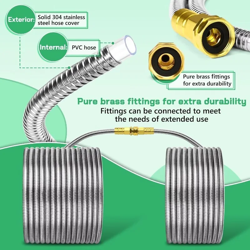 Садовый шланг 100 футов, водяной шланг из нержавеющей стали OPPSIUE 304, металлический садовый шланг с 10-режимным соплом, сверхмощный гибкий без зазоров, загар