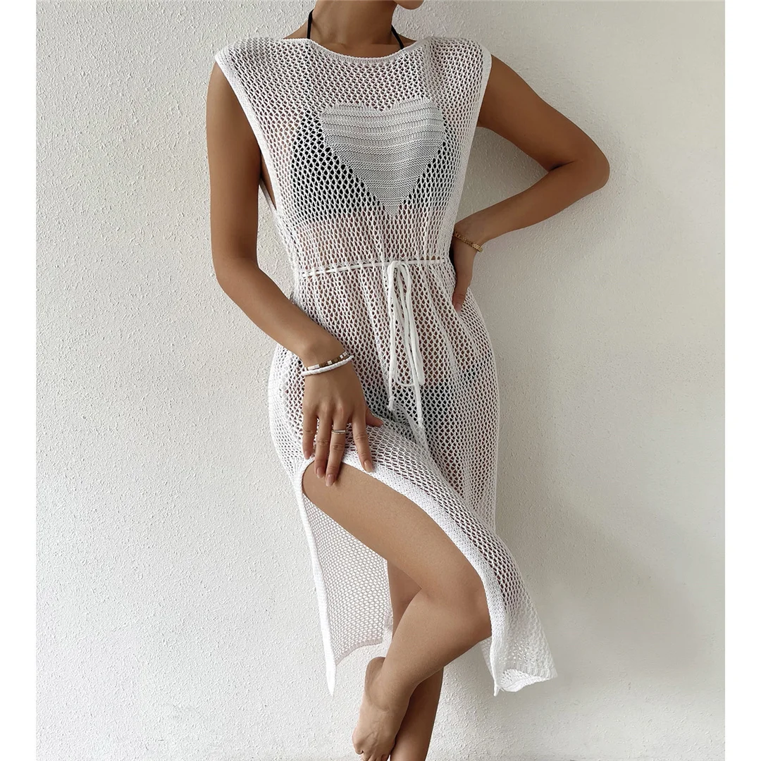Neues, durchsichtiges, gehäkeltes, gestricktes Strandkleid mit Ausschnitten, Bikini-Überwurf, zweiteiliges Strandkleid, Strandmode, Damen V4221 – Detail 9
