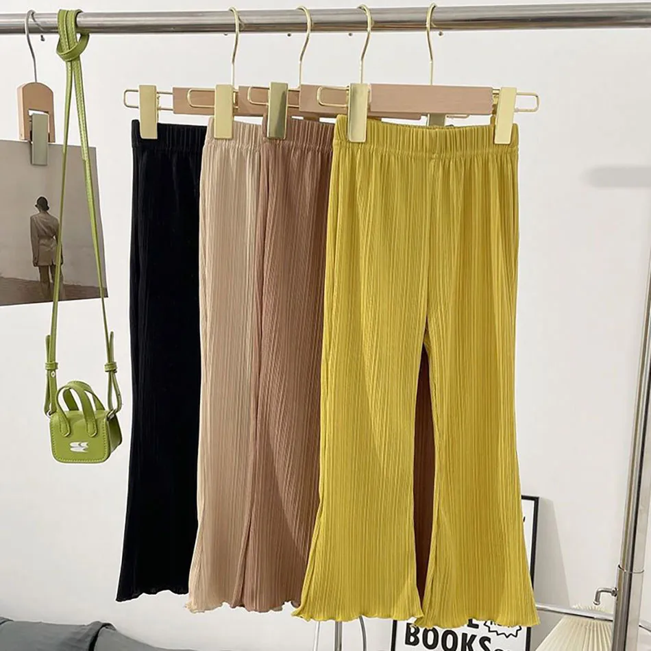 Children Capris Summer Thin Ice Silk Solid Color Pants New Girls Fashion Casual Solid Color Leggings Thin Ribbed Flared Pants