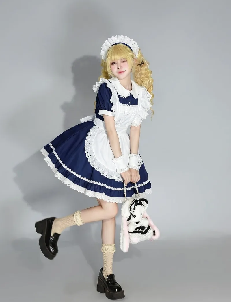 IOOTIANY Marineblau-weißes Dienstmädchen-Lolita-Kleid mit Schürze und Spitzenbesatz, Halloween-Party, süße Lolita-Kleider, Kellnerin-Cosplay-Kostüm – Detail 4