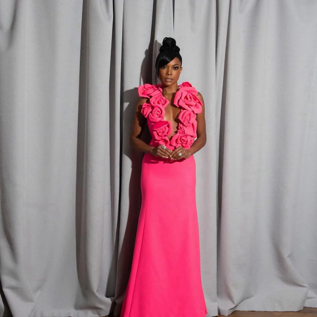 

Fashion Hot Pink Long Summer Satin Dresses Sexy Deep V Neck Handmade Flower Evening Dress Floor Length Taffeta Celebrity Dresses