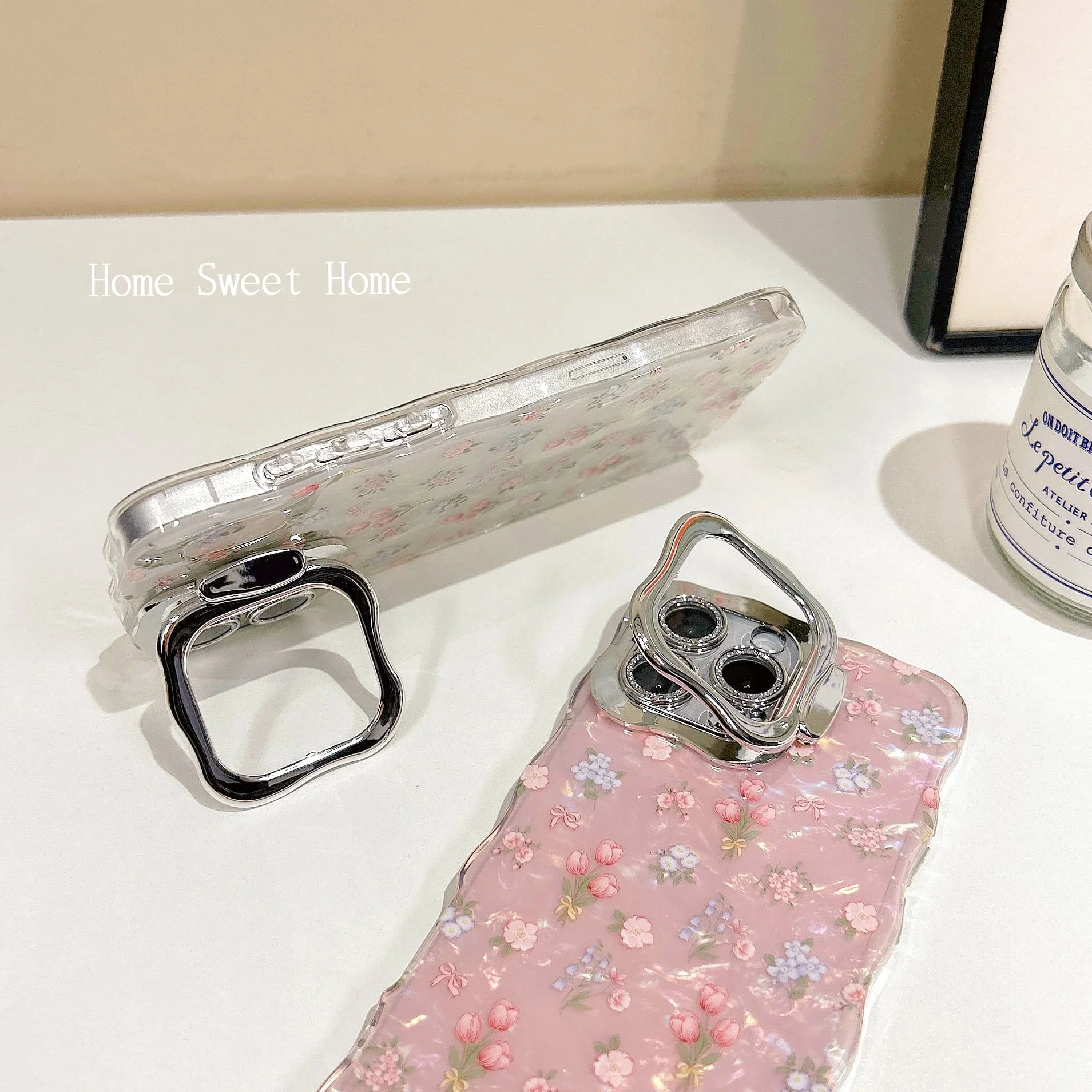 Chic Tulips Pattern Waving Frame Shell Gloss Len Frame Kickstand Phone Case for iPhone 16 15 14 11 12 13 Pro Max Plus Back Cover view 4
