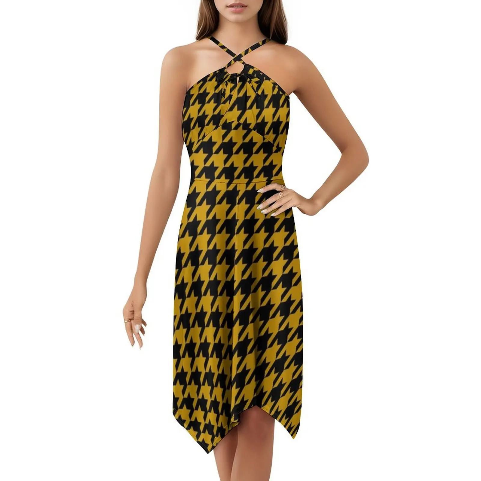 Traditional Houndstooth Pattern Sexy Vacation Dress For Women Beach Party Birthday Mini Dress Bee Yellow Black Black And Yellow view 5