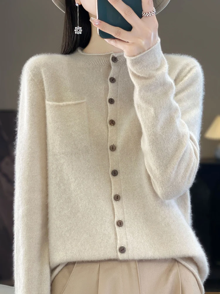 Fashion Spring Autumn Long Sleeve Women Cashmere Knitwear Cardigan 100% Merino Wool Sweater Mock Neck Basic Elegant Clothing Top