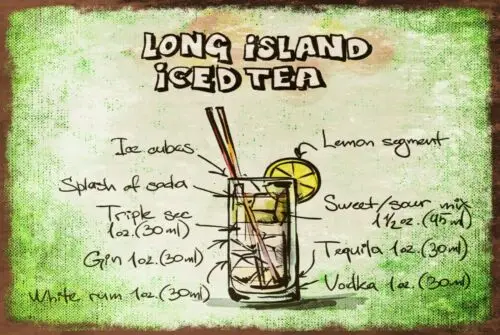 Long Island Iced Tea Cocktail Recipe Vintage Retro Metal Sign, bar pub mancave