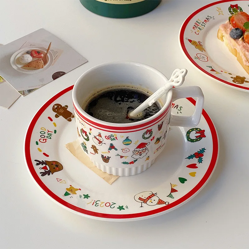 

Design Christmas Mugs Exquisite Household Ceramic White Cups Cartoon Pattern Coffee Cups Creative Dessert Plates Decoration