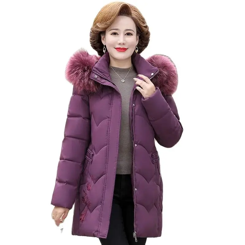 

New Middle-aged And Elderly Women's Fashion Hooded Embroidered Down Cotton-padded Middle-aged Mother Winter Coat Tide5XL