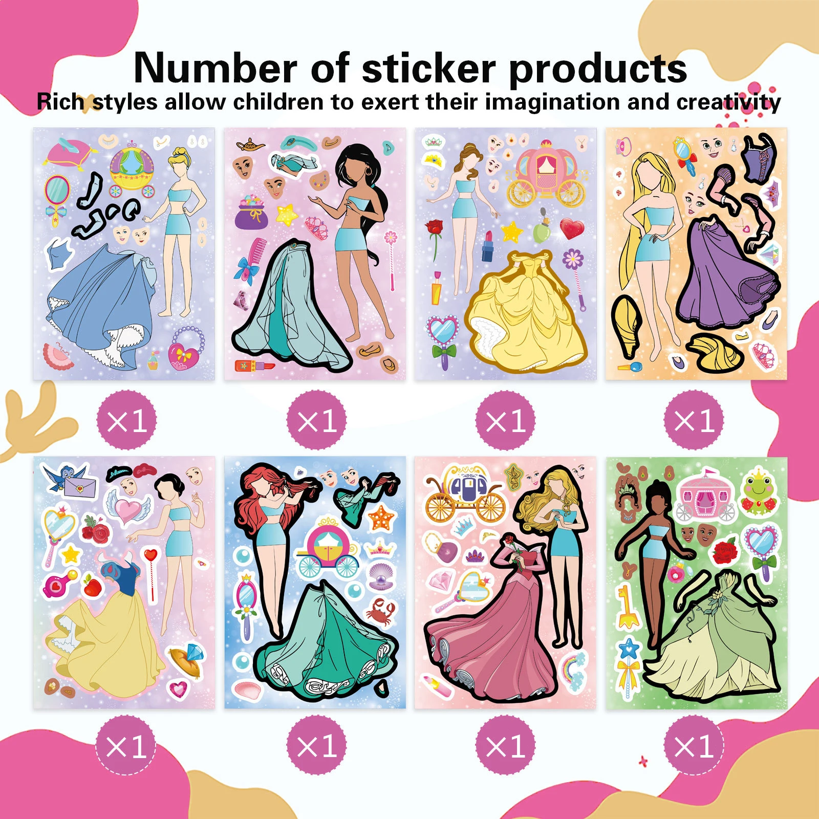 8/16 Vellen Nieuwe Disney Prinses Maken een Gezicht Puzzel Stickers Kids DIY Cartoon Decals Speelgoed Monteren Jigsaw Party decoratie Geschenken