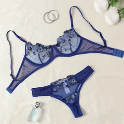 LQYCSX Lingerie Romantic Sexy Floral Lace Bra Set 2 Piece Dreamy Women's Underwear Erotic Sheer Fine Outfit Exotic Panties Sets