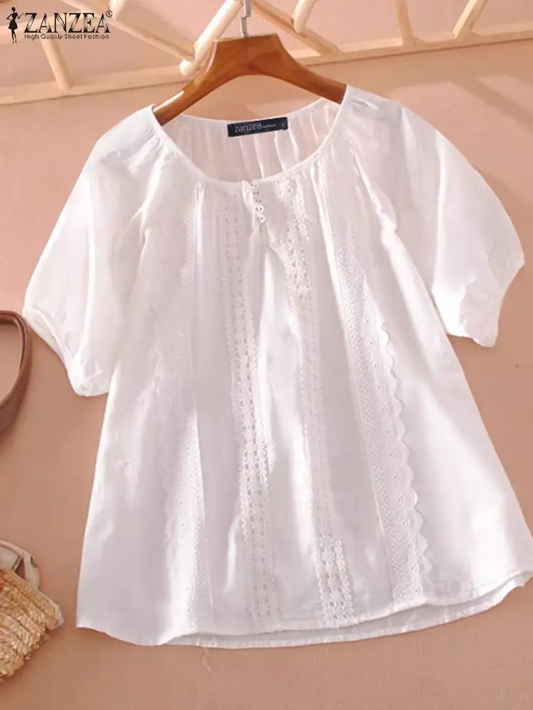 ZANZEA Women Korean Lace Stitching Tops Fashion Summer Short Sleeve Blouse Holiday O-neck 2024 Tunics Casual Loose Basic Shirts