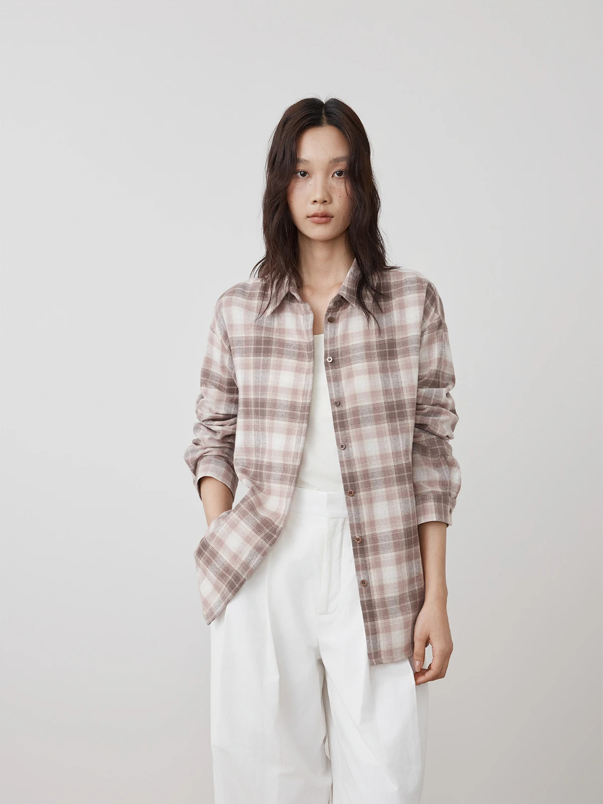 

Retro Style Women's Loose Shirt Pink Plaid Flocking Spring Summer New Arrival Breathable Cotton Long Sleeve Button up